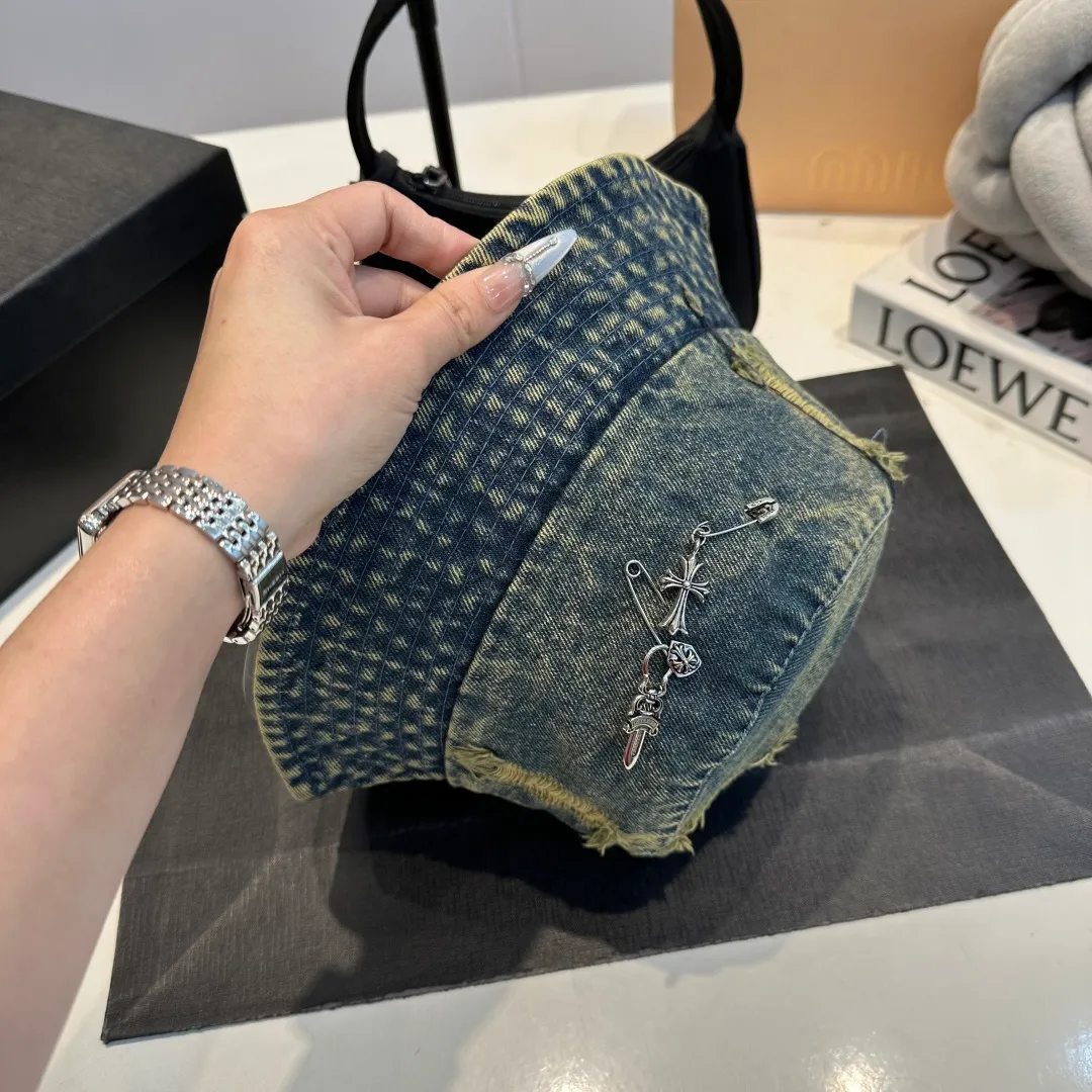P60 Croxin spring and summer new denim fisherman hat, retro old street style, washed and torn edges, photo-taking item